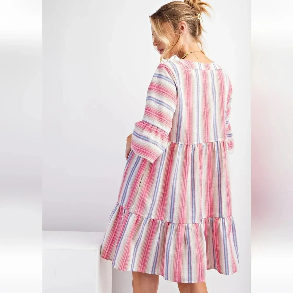 New Easel Pink Striped Poly Linen Ruffle Bottom Dress - Picture 3 of 5